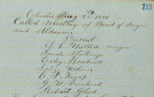 First mention of Robert Gleed in the Columbus Board of Aldermen minutes, May 25, 1869