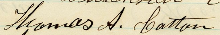 Signature of Thomas A. Cotton from an 1874 petition to Governor Ames