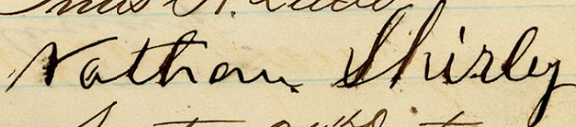 Signature of Nathan Shirley from an 1874 petition to Governor Ames